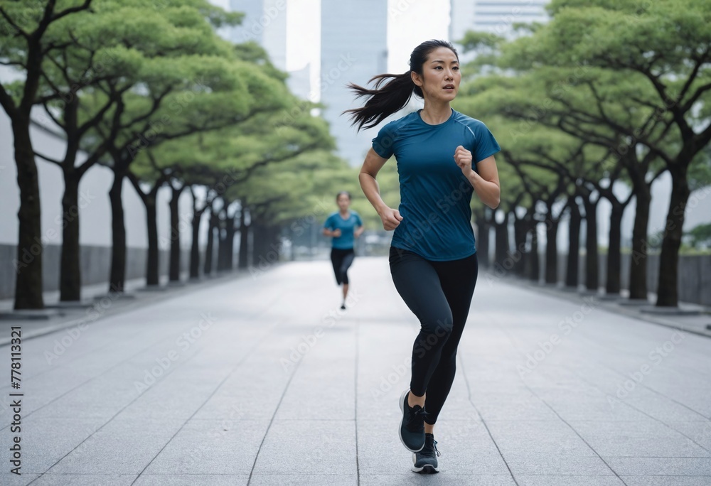 Japanese Woman in Running Gear, Japanese woman runner in activewear conquers the streets of Japan, Capturing the energy of a Japanese woman's morning run, Urban running in Japan: A woman's journey thr