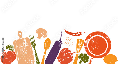 Hand drawn grunge vector illustration of healthy food and kitchen utensils isolated on white background. Culinary horizontal poster. 