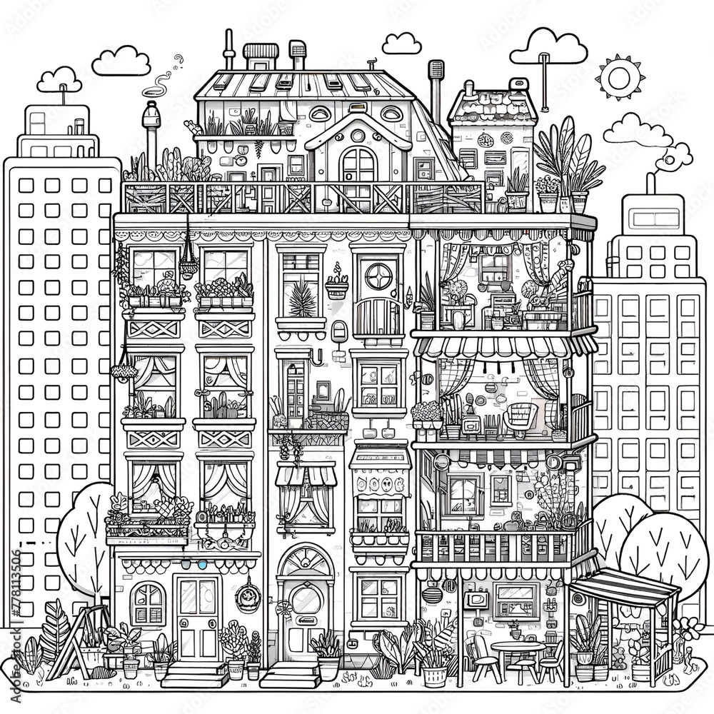 A coloring page featuring an apartment house in a playful, Generative AI