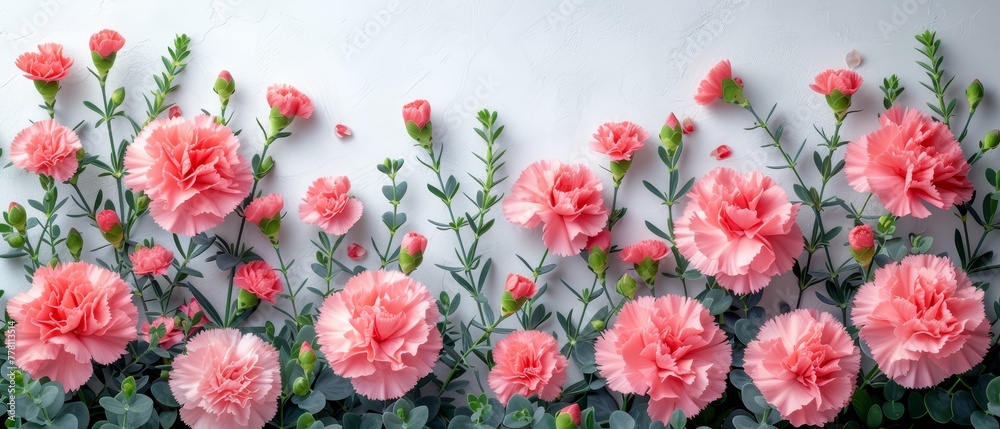 a group of pink carnations on a white wall with green leaves and flowers on the side of the wall. a group of pink carnations on a white wall with green leaves and flowers on the side of the wall.