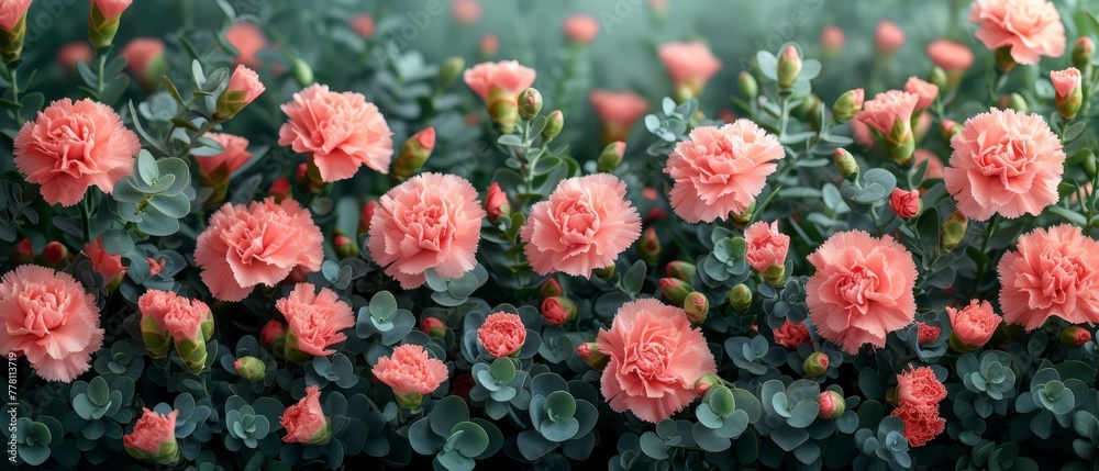 a bunch of pink flowers that are growing in a field with green leaves and flowers in the middle of the picture. a bunch of pink flowers that are growing in a field with green leaves and flowers in the middle of the picture.