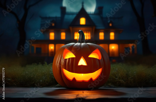 Mysterious Halloween background with brightly colored pumpkin close-up on the background of an ancient castle on a fall night