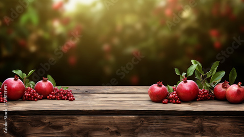 wooden empty rustic table top with pomegranates trees on a background, --ar 16:9 --v 5.2 Job ID: 8a63de5d-6517-45f4-80d1-404e5ae0c550 photo
