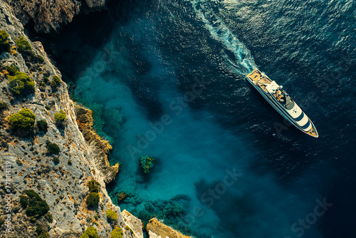 A large white tourist yacht sails along the cliffs. Mediterranean coast, tourism, cruise © Yulia