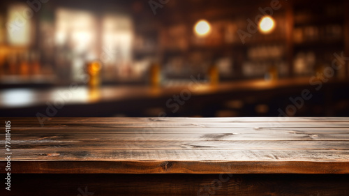 empty wooden table with blurred restaurant background © Yuwarin