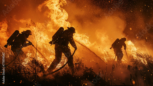 silhouette of firemen fighting on the fire