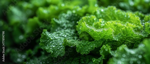 a close up of a green leafy plant with drops of water on the leaves and on the top of it.