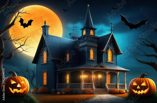 terrifying Halloween landscape with an orange pumpkin in the foreground, a castle, a full moon in a dark forest and bats flying in the sky