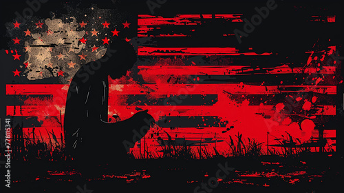 Soldiers silhouette with a grunge American flag Vector illustration