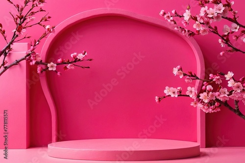 Product packaging mockup photo of japanese style minimal background. Pink podium and cherry blossom background for product presentation, studio advertising photoshoot
