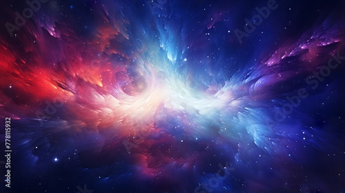 An abstract celestial background with swirling galaxies and energy