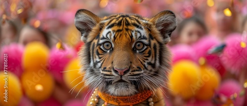 a close up of a tiger s face in front of a group of people with orange and pink decorations.
