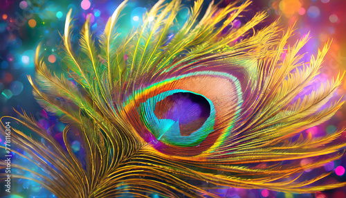 A radiant, abstract peacock tail displayed in a burst of iridescent colors