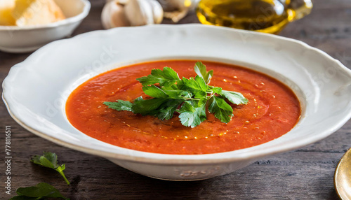 A vibrant bowl of gazpacho soup with a splash of olive oil