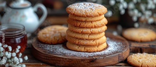 a stack of cookies sitting on top of a wooden plate next to a jar of honey and a cup of tea.