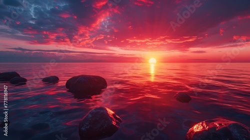 Nature's palette comes alive as the sun dips below the horizon, casting its fiery light upon the submerged rocks beneath the calm waters
