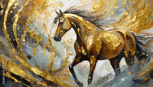 Abstract oil painting with gold  horse  wall art  knife painting  paint spots and strokes. Large stroke oil painting  mural  art wall.