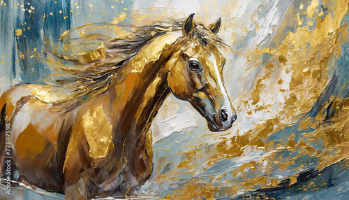 Abstract oil painting with gold  horse  wall art  knife painting  paint spots and strokes. Large stroke oil painting  mural  art wall.