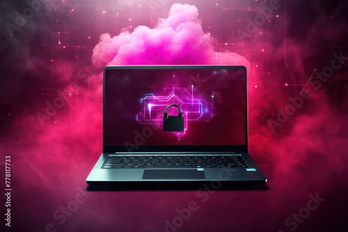 Maroon cloud security laptop with lock, technology background texture pattern design backdrop with copy space for photo, cyber security hacker data tech concept
