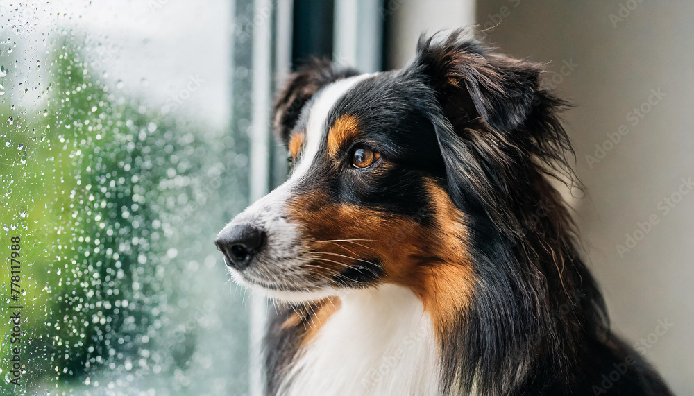 Bemer dog in a room watching the rain through the window, thinking of playing outside, waiting for the owner coming home.