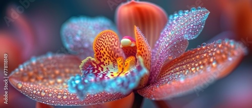 a close up view of a flower with drops of water on the petals and the center of the flower's petals.
