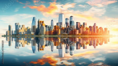 A radiant cityscape with reflections in water © Cloudyew