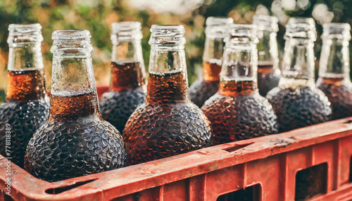 Bottles with soda or cola in the red strage crate for bottles. photo