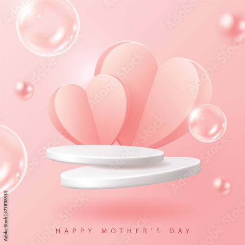 Mother's day poster for product demonstration. White pedestal or podium with hearts on pink background.
