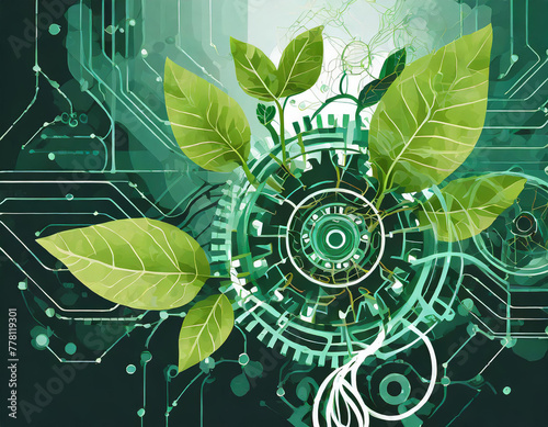 Eco-Friendly Technology abstract representation of sustainable technology with leaves intertwining with circuits and gears  illustrating the integration of nature and innovation