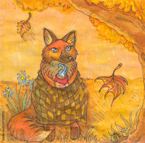Cute fox cartoon illustration. Art markers illustration.