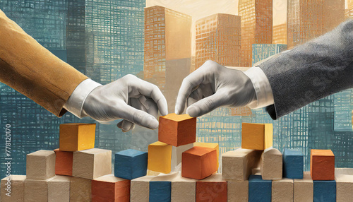 Human hands connecting blocks. Building same corporate vision and purpose for profitable growth of enterprise. Contemporary art collage. Concept of business, office, teamwork, strategy photo