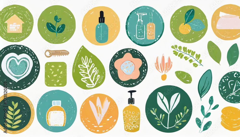 Icons and badges for social media highlights and covers with trendy cute ecological cosmetics concept elements and symbols.