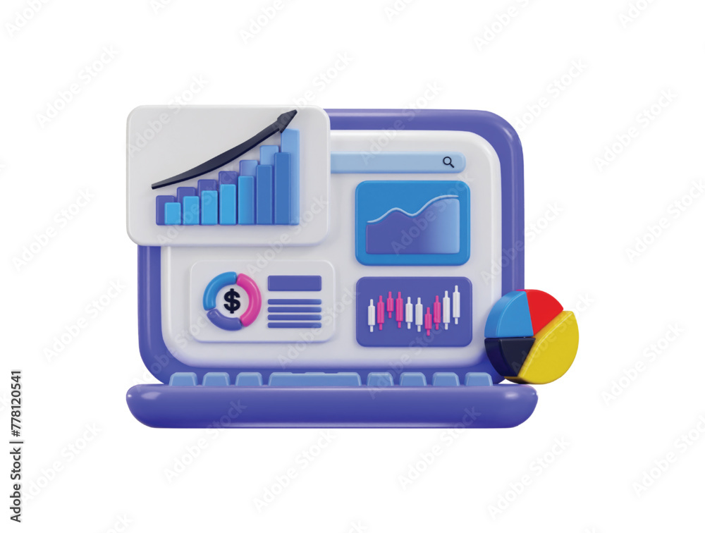 laptop with candles chart, pie char, area chart and graph icon concept of stock market online trading icon 3d rendering vector illustration laptop with candles chart, pie char, area chart and graph icon concept of stock market online trading icon 3d rendering vector illustration