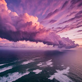 mesmerizing spectacle of a stormy cloudscape, painted in shades of pink and purple, granting an aerial vista amidst swirling clouds. Above the vast ocean, cinematic