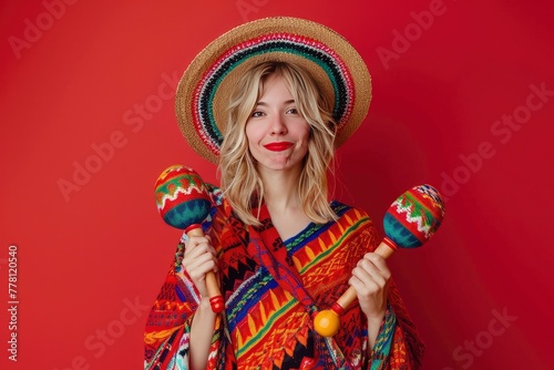 a blonde hair female with a goofy look, gripping maracas, wearing a poncho and hat infront of solid red background