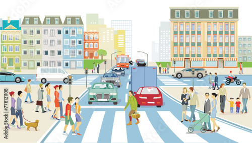 Stadtsilhouette einer Stadt mit Verkehr  und Menschen illustration