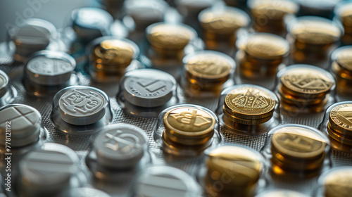 "Medicinal Wealth Concept" Glimmering Bitcoin coins amidst pill blisters, illustrating the interplay between healthcare costs and cryptocurrency value.