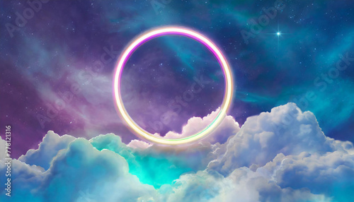 Neon ring glows over marble cloudscape