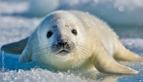 Newborn cute white seal baby's on ice. Newborn seal basking in the icy embrace of its homeland, a heart-melting display of Arctic grace.