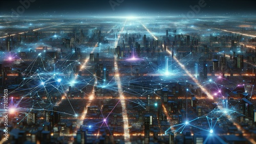 Abstract background depicting a network of connections spread across an urban landscape. It captures the integration of technology within the city. Ai generated. © chanchai