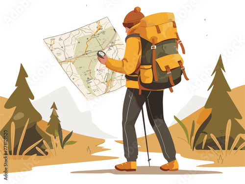 hiker with map and compass (animated illustration)