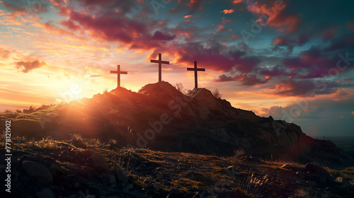 Dramatic scene of Calvary with three crosses on a hill, sunset background, emphasizing the historical and religious significance photo