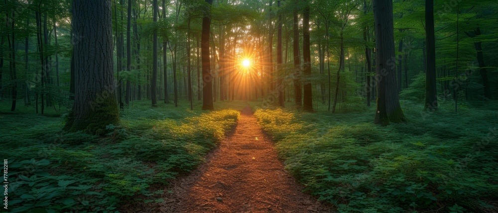 Fototapeta premium a path in the middle of a forest with the sun shining through the trees on the other side of the path.