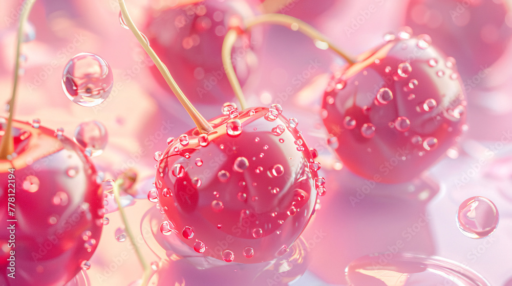 Red cherries splashing into crystal clear water, healthy gourmet fruit material Red cherries splashing into crystal clear water, healthy gourmet fruit material