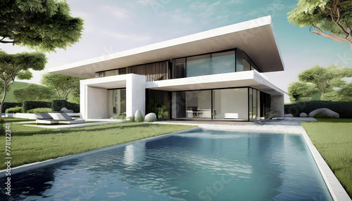This 3D architectural mock-up presents a modern house design with minimalist aesthetics  surrounded by detailed landscaping and a tranquil water feature  epitomizing luxury and contemporary