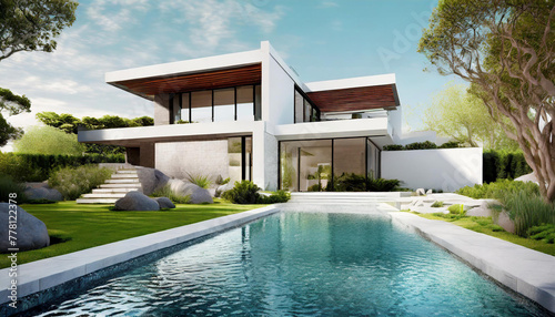 This 3D architectural mock-up presents a modern house design with minimalist aesthetics, surrounded by detailed landscaping and a tranquil water feature, epitomizing luxury and contemporary