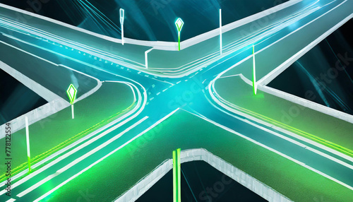 Turning point strategy choice - Rendering of a blue green crossroads with white road lines and guardrail illuminated