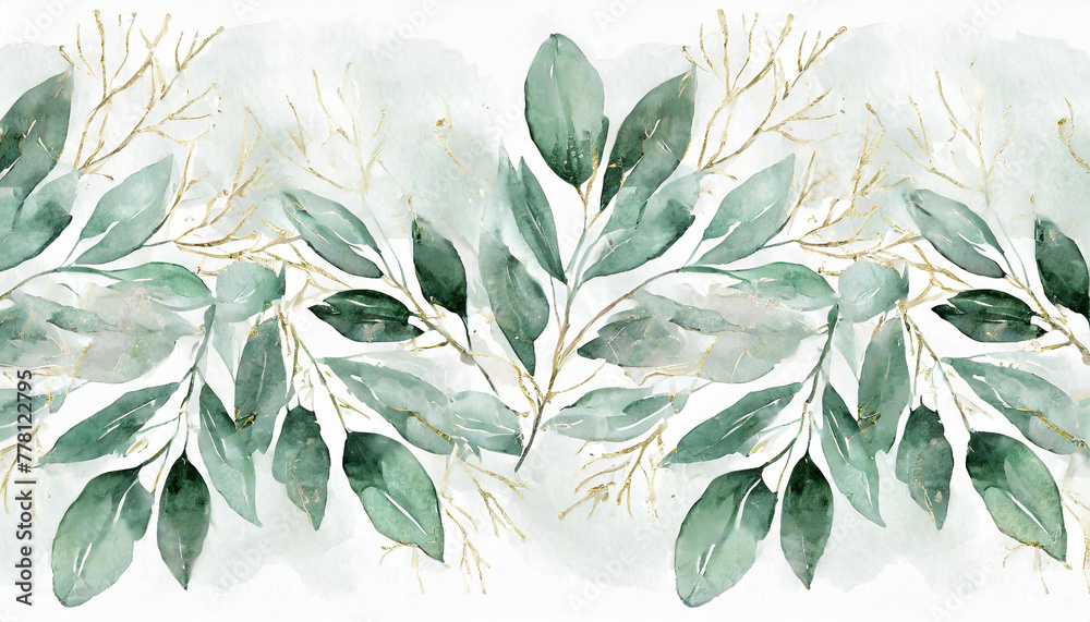 Watercolor seamless border - illustration with green gold leaves and branches, for wedding stationary, greetings, wallpapers, fashion, backgrounds, textures, DIY, wrappers, cards