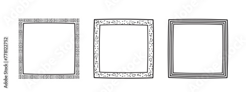 Square frames doodle set,hand-drawn monograms.Edgings and cadres with simple sketchy design elements.Isolated. Vector illustration.