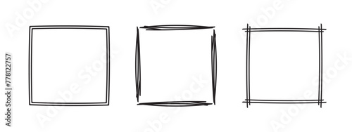 Square frames doodle set,hand-drawn monograms.Edgings and cadres with simple sketchy design elements.Isolated. Vector illustration.